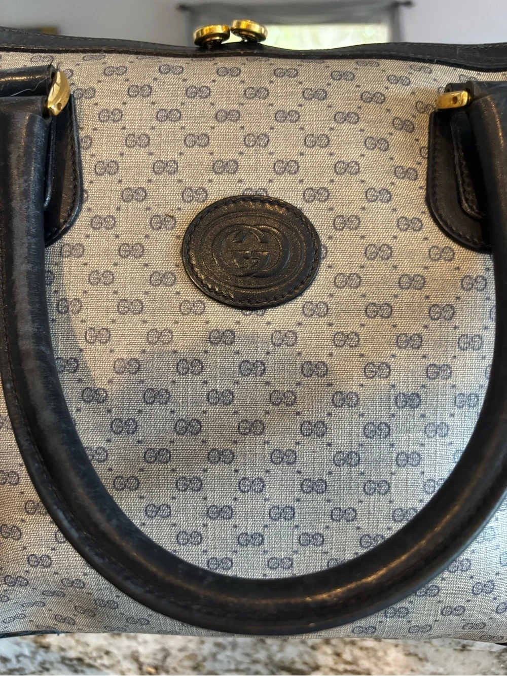 Authentic VintageGucci Gray Monogram Top-Handle Satchel with Navy Leather Trim.